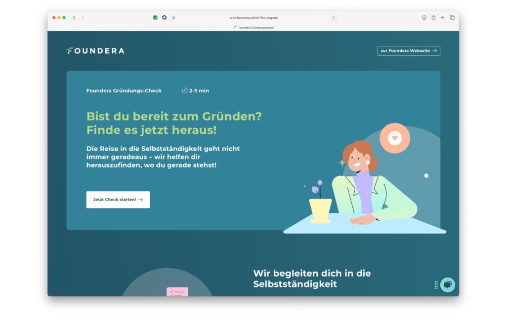 Interactive Foundera quiz helping Swiss entrepreneurs assess company foundation readiness