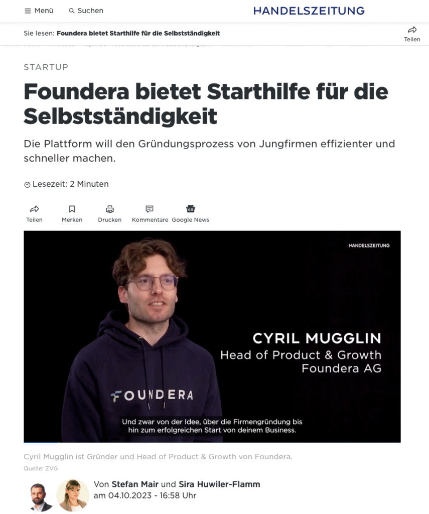 Article in the Handelszeitung featuring Foundera